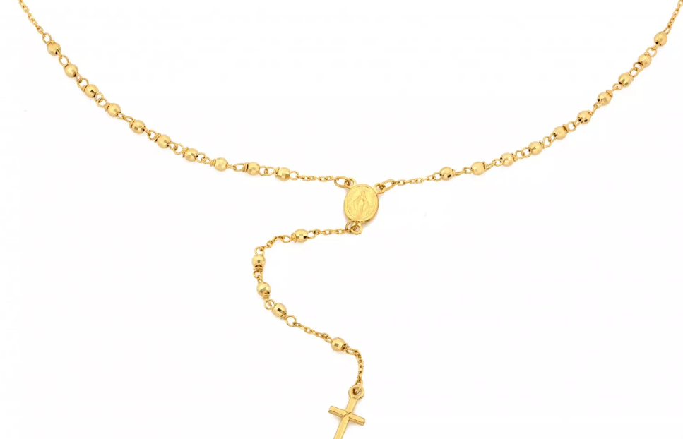 Zlatý náhrdelník ruženec s guľôčkami a krížikom – nežný symbol viery a ochrany, ktorý sa stane osobným talizmanom pre každý deň.