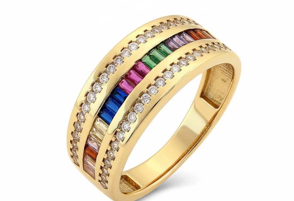 Zlatý prsteň zo 14-karátového zlata zdobený farebnými zirkónmi v odtieňoch dúhy – žiarivý a originálny doplnok pre každú príležitosť.