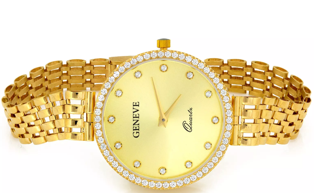 Elegantné hodinky GENEVE zo 14-karátového žltého zlata so strojčekom Quartz a lemom zo žiarivých čírych zirkónov – symbol ženskosti a nadčasového štýlu. ✨
