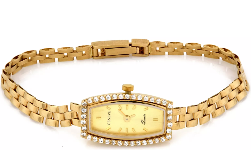 Elegantné dámske hodinky Geneve zo 14-karátového zlata so žiarivými kubickými zirkónmi – luxusný detail, ktorý podčiarkne ženskosť a štýl.
