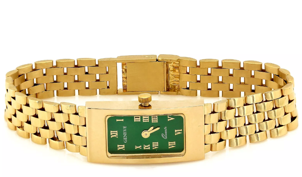 Dámske hodinky Geneve zo 14K zlata s výrazným zeleným ciferníkom – jedinečný šperk, ktorý spája eleganciu a moderný dizajn. ⌚✨