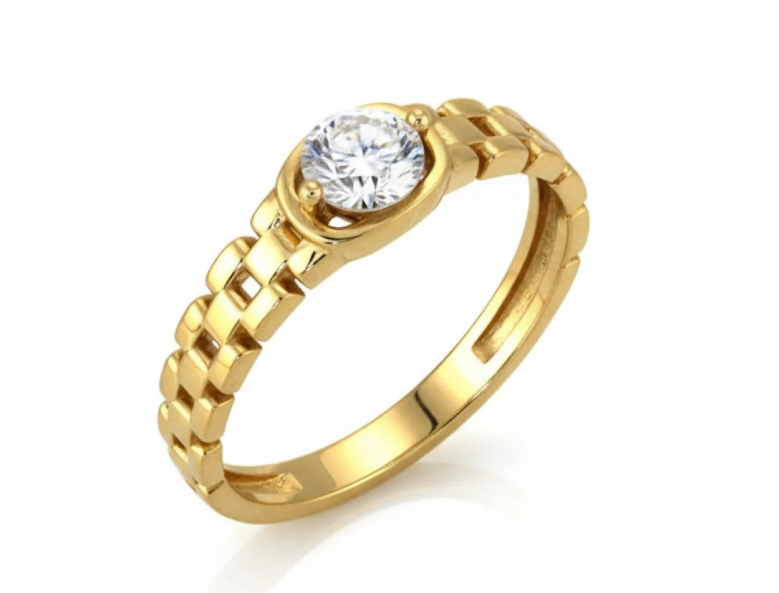 Elegantný zásnubný prsteň zo žltého zlata s centrálnym zirkónom v jemne štruktúrovanom dizajne, ktorý pôsobí moderným a zároveň nadčasovým dojmom.