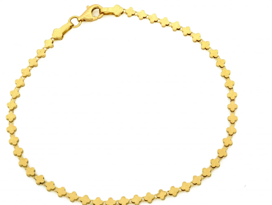 Luxusný zlatý náramok s jemným motívom štvorlístkov, ktorý pôsobí elegantne, žensky a nadčasovo. Dizajnový kúsok určený pre ženy, ktoré milujú decentný luxus.